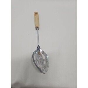 Vintage Androck Slotted Spoon USA Chrome Wood Handle Kitchen Utensil